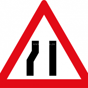 Roadway narrows from the left side ahead road sign