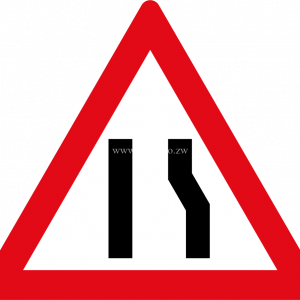 Roadway narrows from the right side ahead road sign